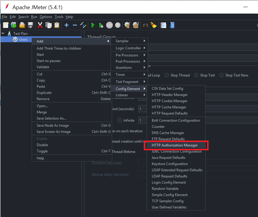 JMeter add HTTP Authorization Manager