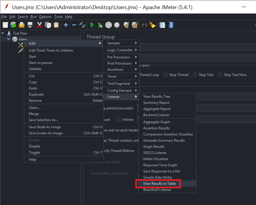 JMeter add Listener - View Results in Table