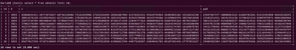 Sample sysbench database table records