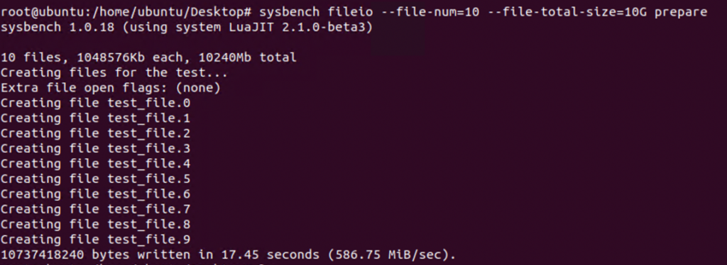 Create 10 files each of 10GB using sysbench
