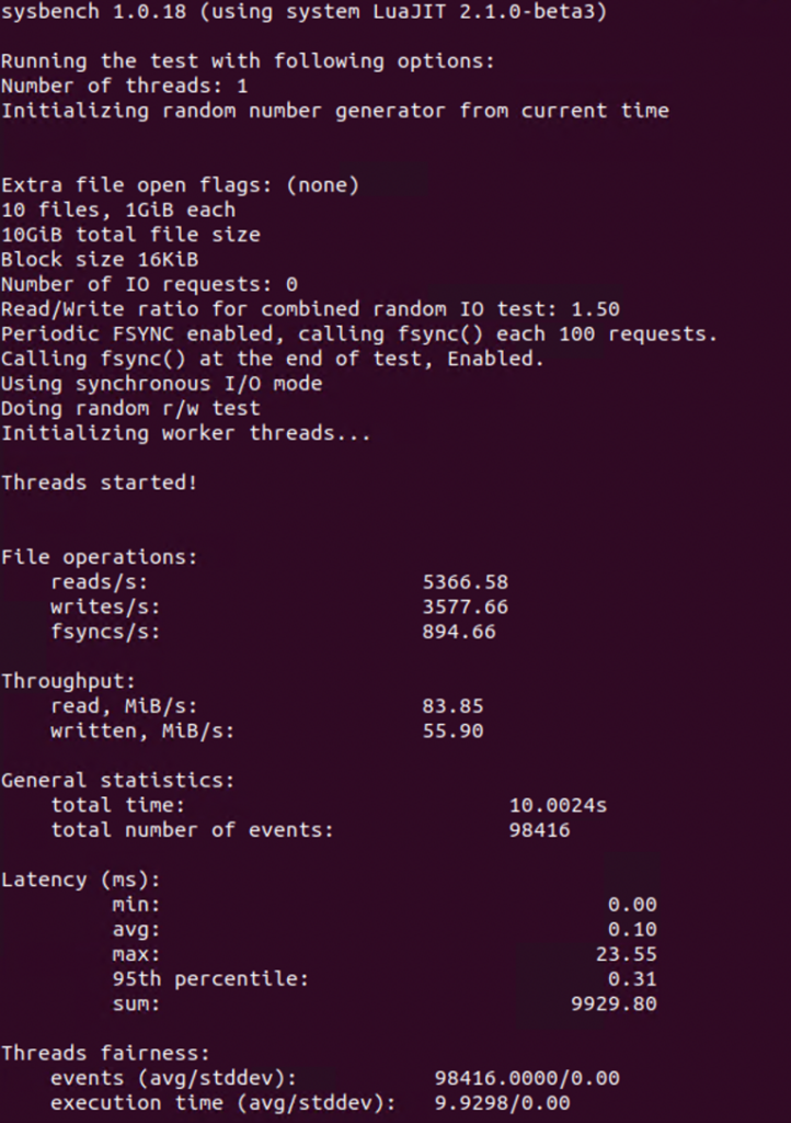 A sample result of running the fileio test using sysbench