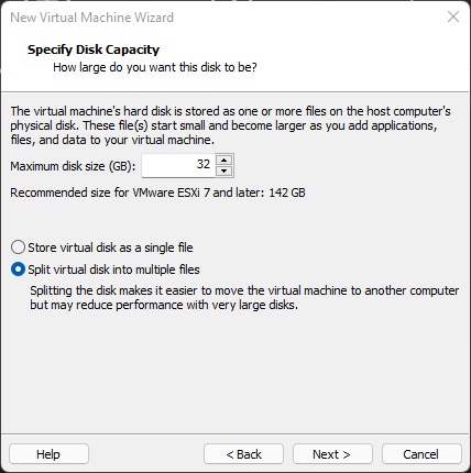 VMware Workstation Specify Disk Capacity