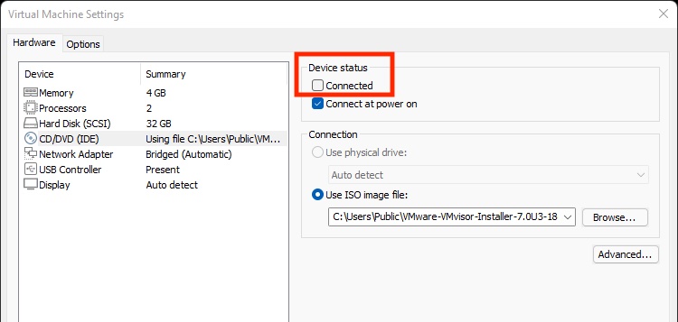 VMware Workstation Disconnect ISO