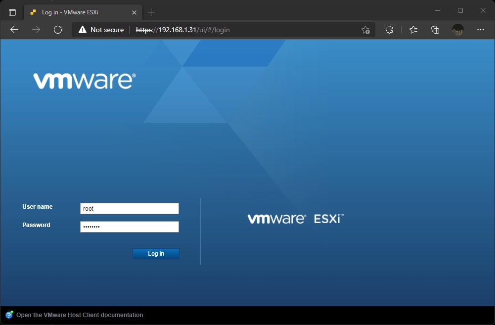 ESXi Host Client Login Page