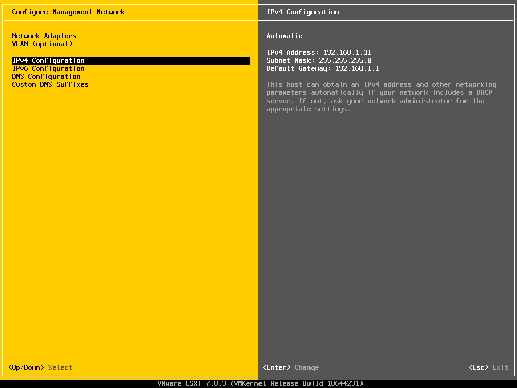 ESXi IPv4 Configuration Page