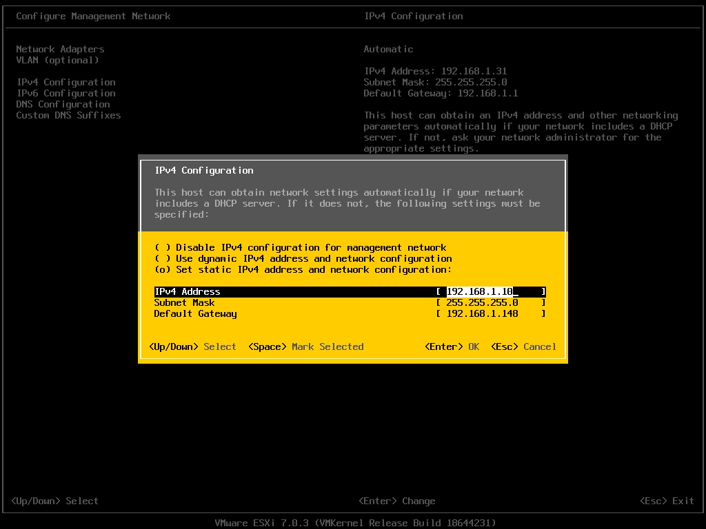 ESXi IPv4 Configuration - Assign Static IP Address