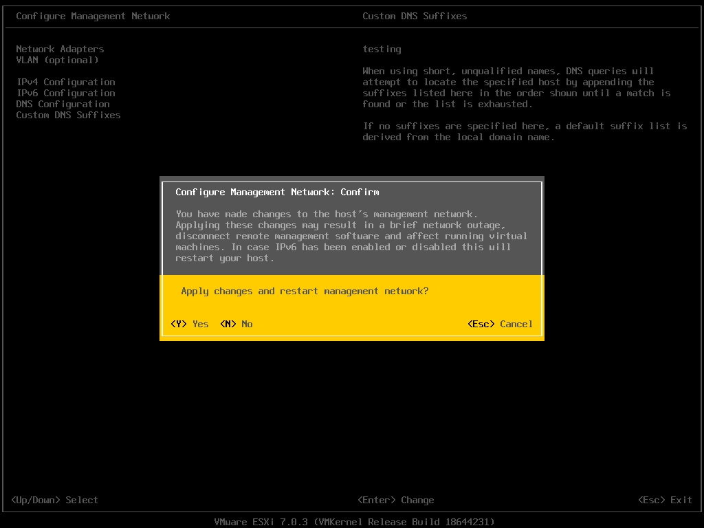 ESXi DCUI Restart Management Network Confirmation