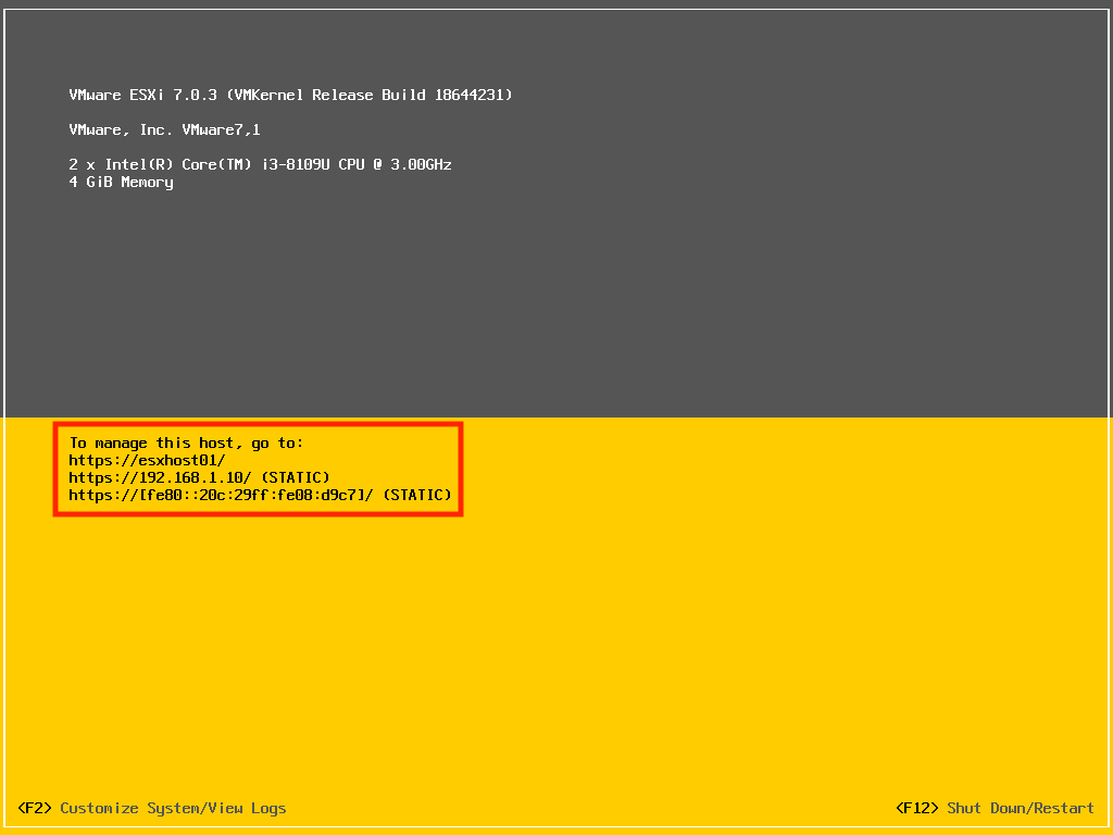 ESXi Configure Management IP and Hostname Result