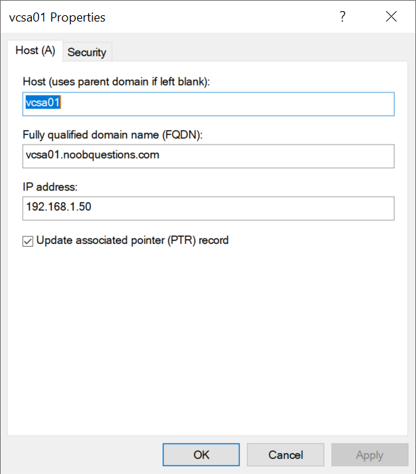 DNS Record for vCenter Server Appliance (VCSA)