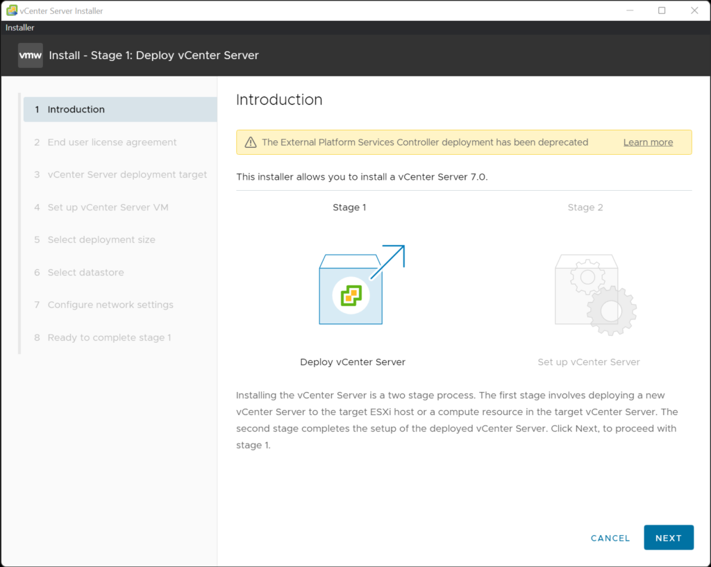 Stage 1 - vCenter UI Installer Start Page