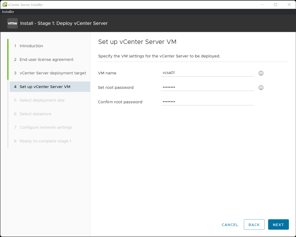 Stage 1 - Specify VCSA Hostname and Root Credential