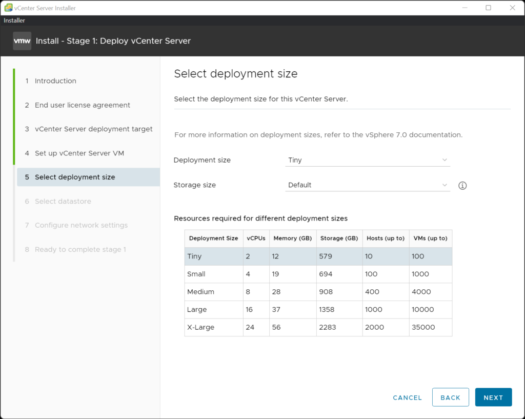 Stage 1 -Specify vCenter Server Deployment Size