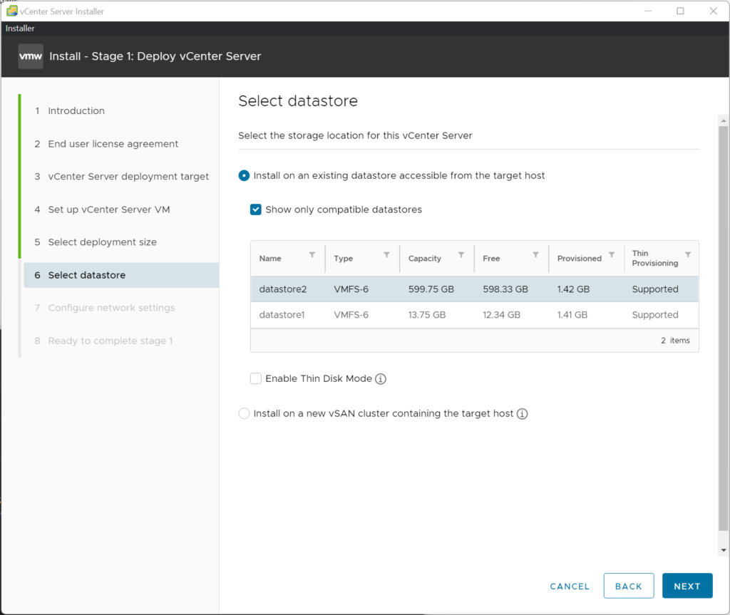 Stage 1 - Select Datastore to install vCenter Server