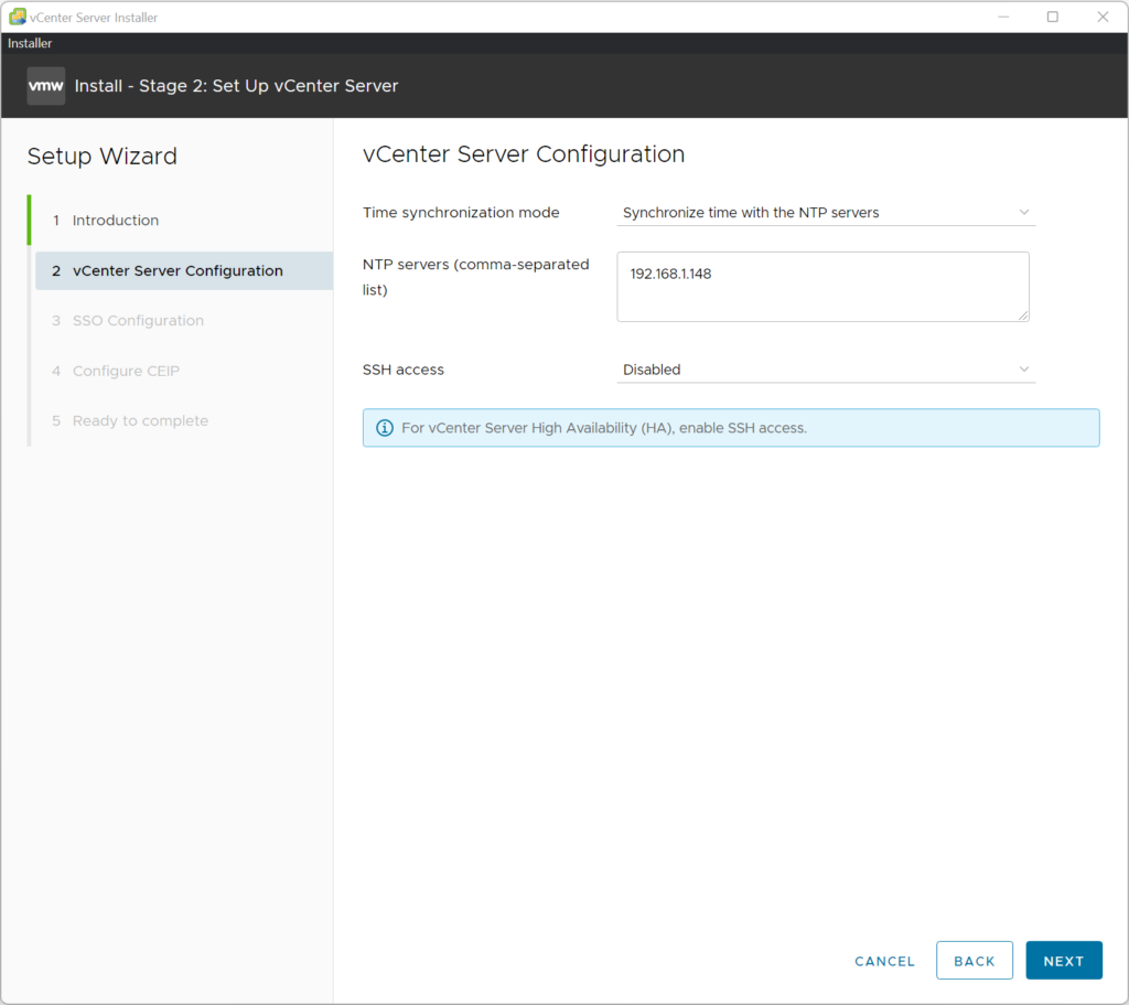 Stage 2 - Configure NTP and SSH for vCenter