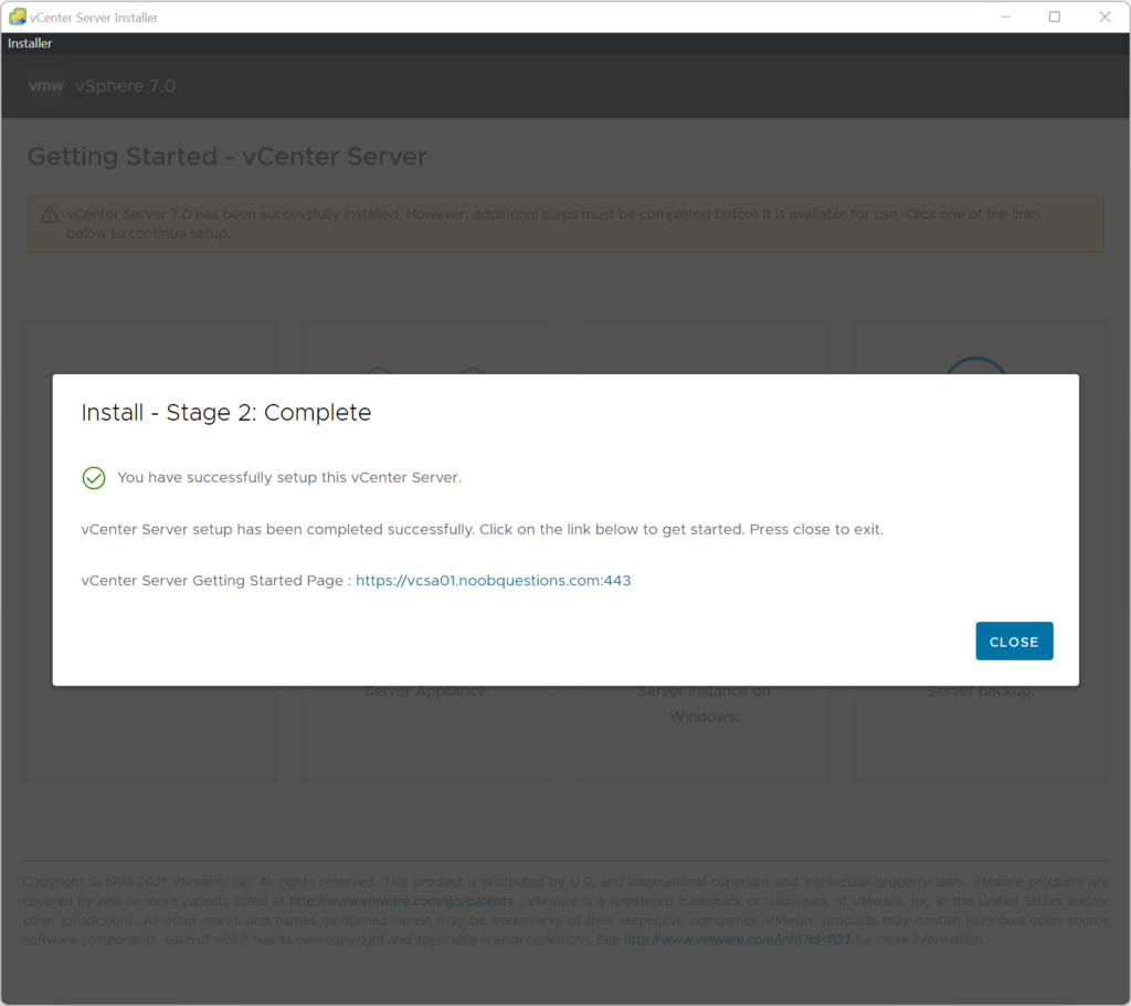 vCenter UI Installer Stage 2 Completed