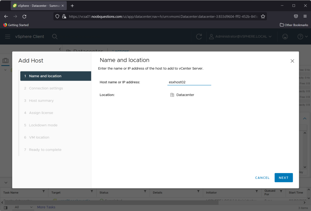 vCenter - Enter IP or Hostname of ESXi Host