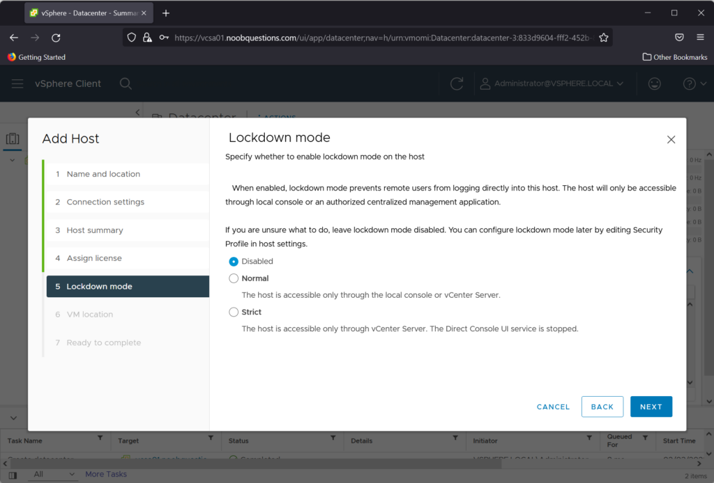 vCenter Add Host - ESXi Lockdown Mode