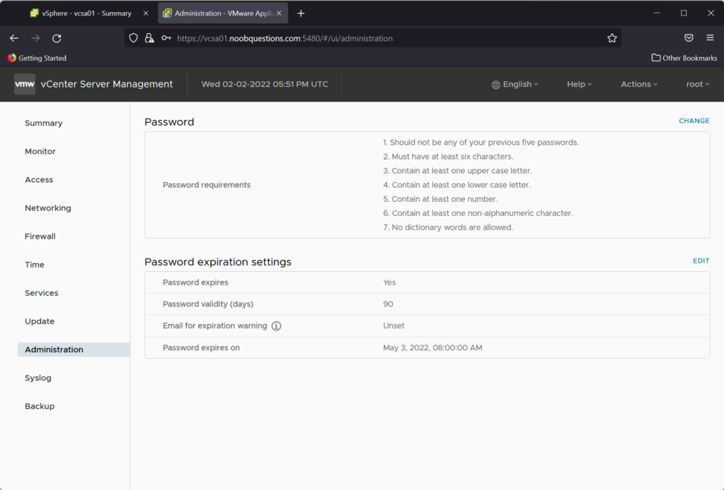 vCenter Management Interface Password Expiry