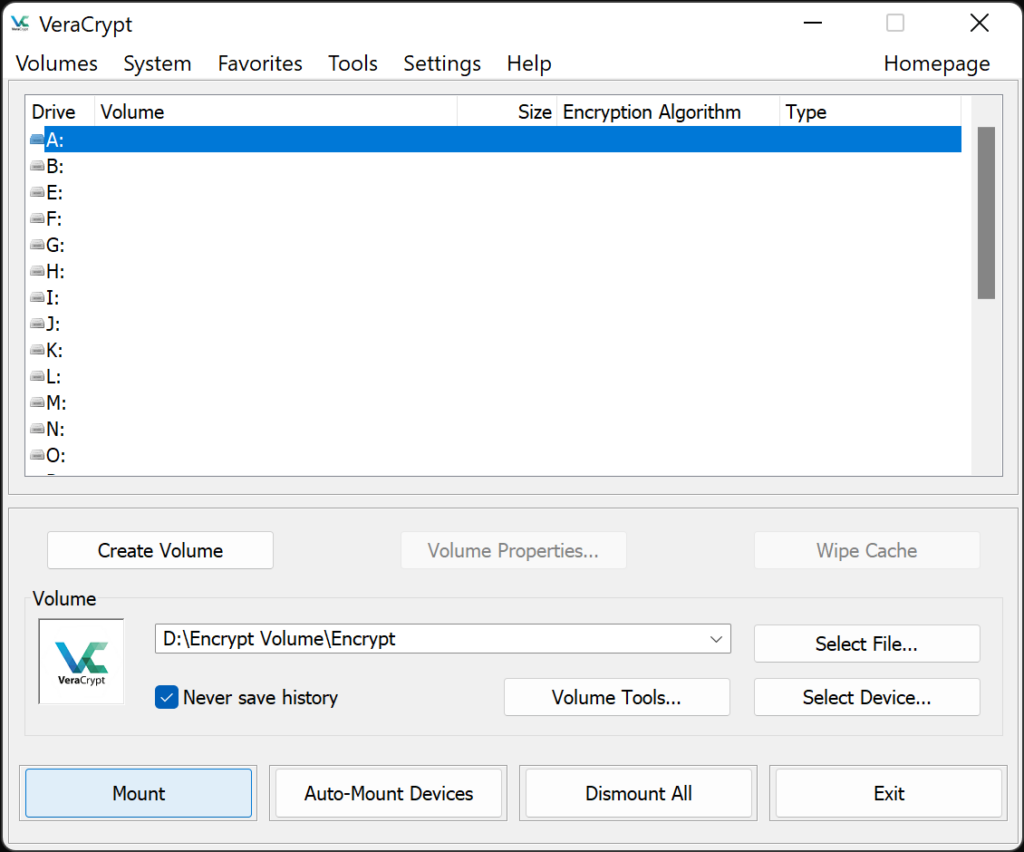 VeraCrypt Mount Volume