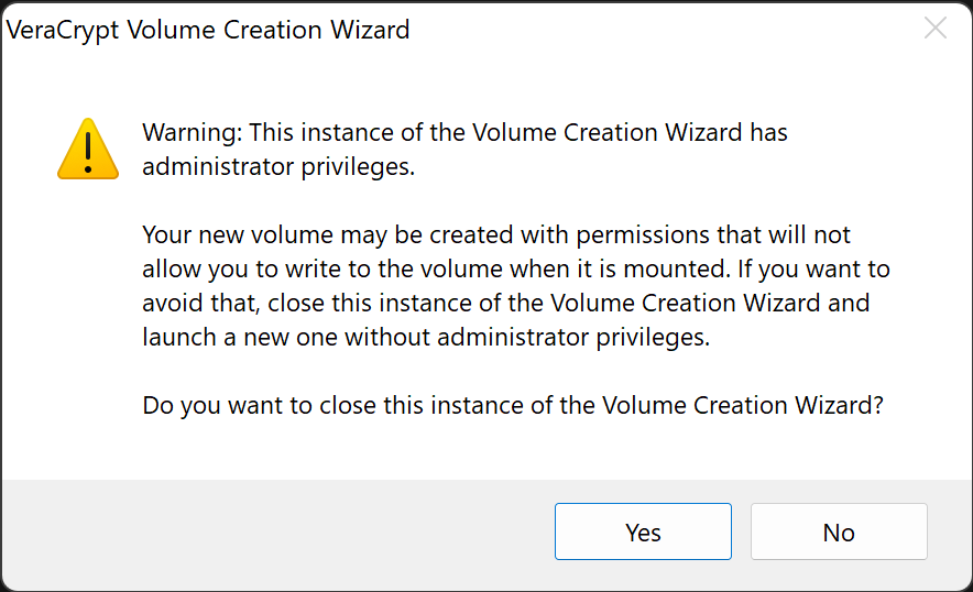 VeraCrypt Administrator Privileges Warning