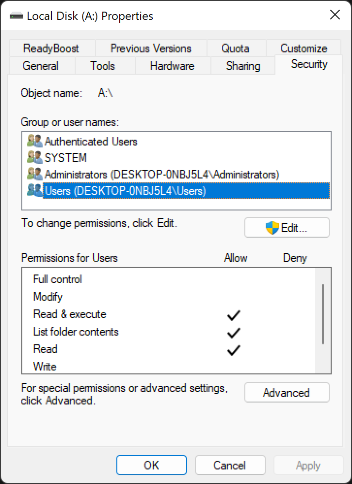 Windows Volume User Permission