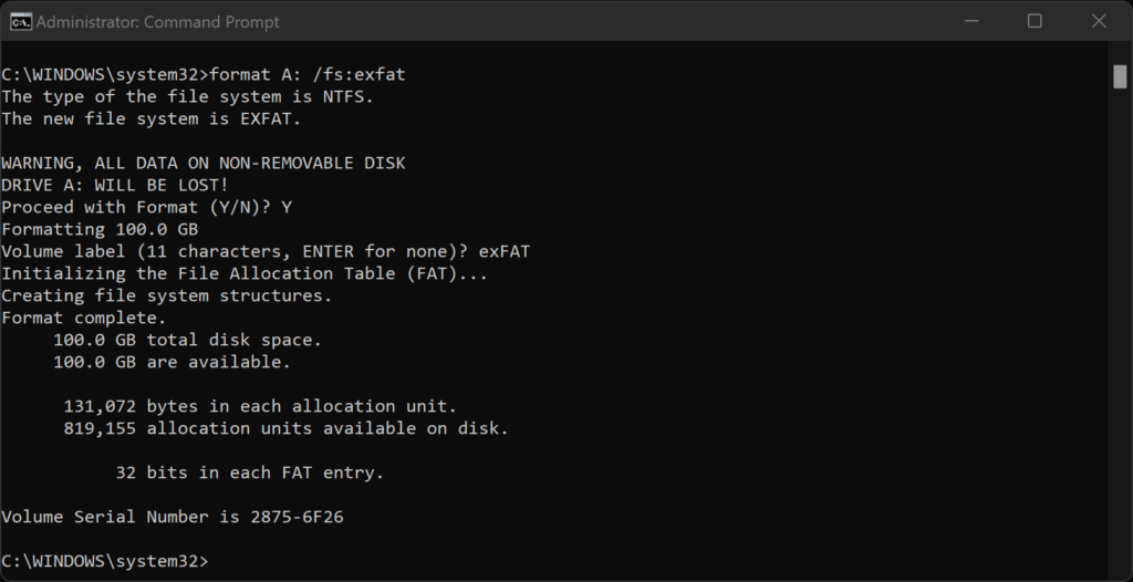 Format Disk as exFAT using Windows CLI