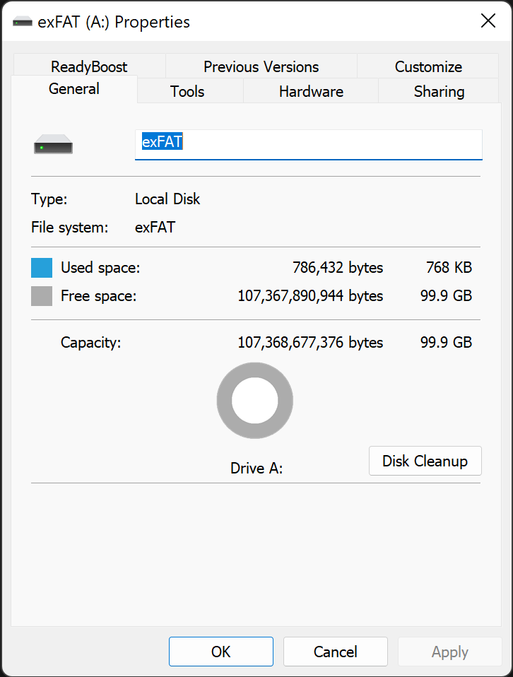 Confirm the disk is formatted as exFAT