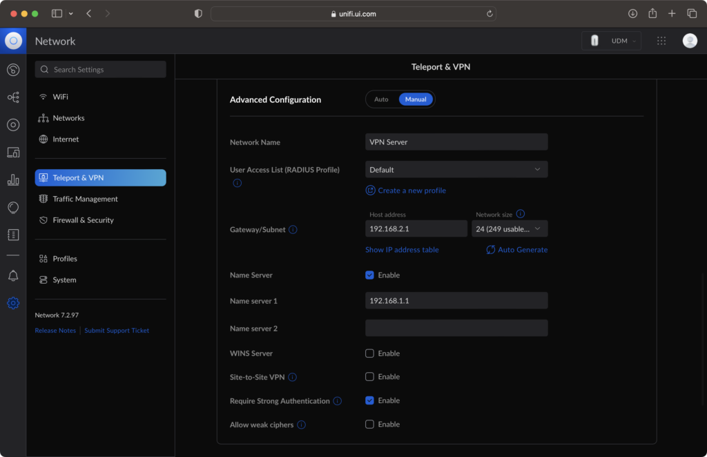 Configure VPN Server on UniFi Console (Manual)