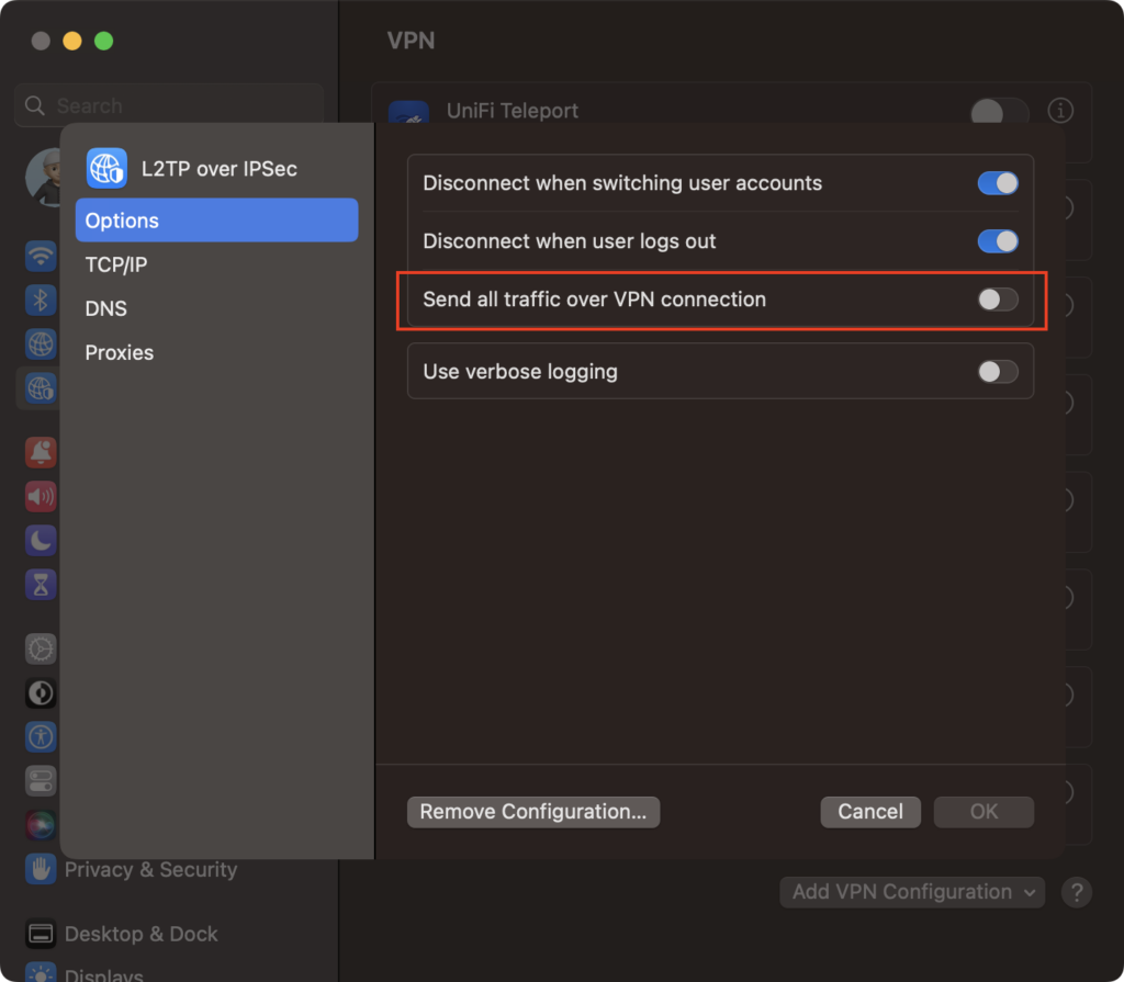 VPN Setting - Send all traffic over VPN connection